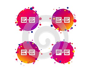Export file signs. Convert DOC to PDF symbols. Vector