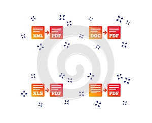 Export file signs. Convert DOC to PDF symbols. Vector