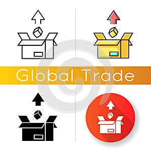 Export icon. Merchandise in cardboard box. Mail, logistics, parcel sending. Commerce, international delivery service
