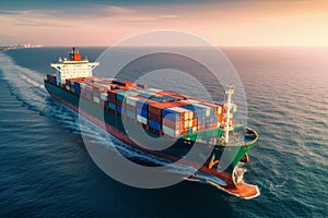 Export and import logistic by container ship, aerial drone view of sea freight transport, business shipping cargo boat