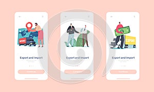 Export or Import Mobile App Page Onboard Screen Template. Businessmen Characters Shaking Hands, Truck Logistics Concept