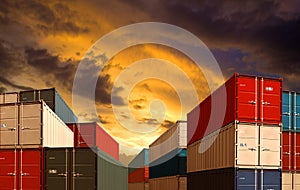 Export or import shipping cargo containers stacks in night port