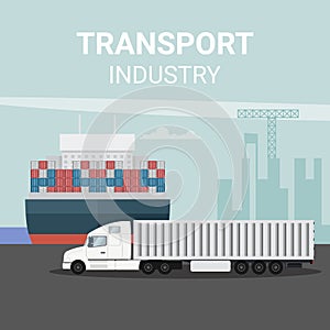 Export logistics in cargo port with truck and container ship