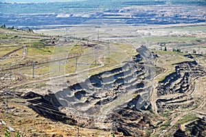 The exposed ground surface mine, in the background wall bunk down with lignite