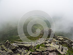 Exposed Mountain Ridge Trail in Low Clouds, Katahdin, Maine