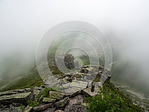 Exposed Mountain Ridge Trail in Low Clouds, Katahdin, Maine