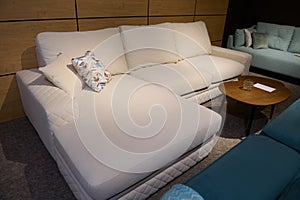 Exposition center with a variety of stylish and modern sofas, settees, couches with cushions, pillows and blankets in a furniture photo