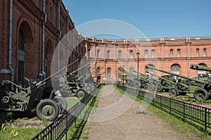 Exposition on courtyard of Military History Museum of artillery, engineer and signal corps in St. Petersburg. Russia