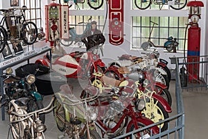 Exposition of historical motorcycles, general view from above