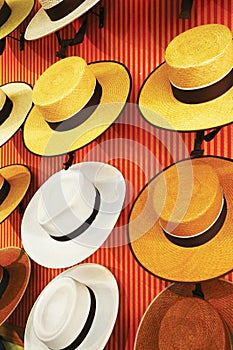 Exposition of spanish sombreros. Vertical photo