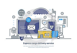 Express cargo delivery service, fast way to ship web banner. Shipping goods by different transport landing page. Logistic of