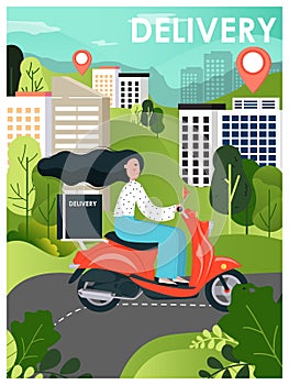 Express city food and package delivery on scooter. Girl courier rides a motor bike concept vector illustration. Fast