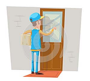 Express Courier Special Delivery Boy Man Messenger Cardboard Box Concept Knocking at Customer Door Wall Background Retro