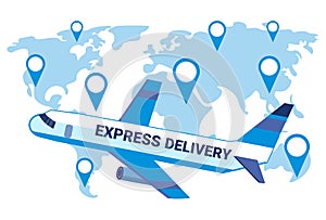 Express delivery airplane transport world map geo tag background international transportation shipping industrial