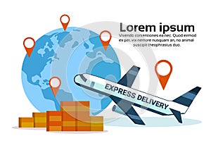 Express delivery airplane transport world map geo tag box parcel background international transportation shipping