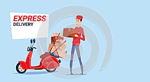 Express Delivery Asian Man Deliver Boxes With Retro Scooter Courier Service Template Banner