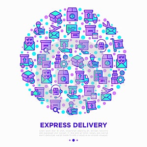 Express delivery concept in circle with thin line icons: parcel, truck, out for delivery, searching of shipment, courier, sorting