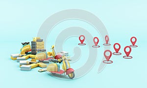 Express delivery concept Delivery by yellow scooter motorcycle with location mobile application