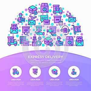 Express delivery concept in half circle with thin line icons: parcel, truck, out for delivery, searchong of shipment, courier, photo