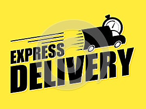 Express delivery concept icon. Mini ven with stopwatch icon on yellow background