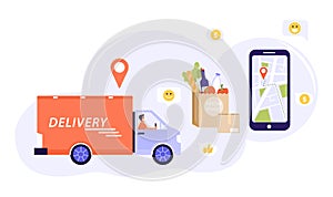 Express delivery concept. Man courier riding van with parcel. Smartphone with navigation map and a red GPS dot on screen.