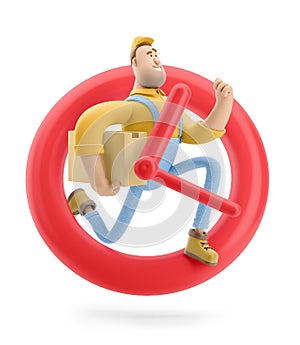 Express delivery concept. Stopwatch icon. 3d illustration. Cartoon character. Delivery man runs with the package in his hands.