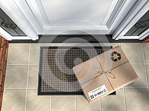 Express delivery, e-commerce online purchase concept. Parcel box on mat near front door