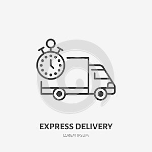 Express delivery flat line icon. Fast truck sign. Thin linear logo for cargo trucking, freight services