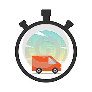 Express delivery icon concept. Stop watch with van and city back