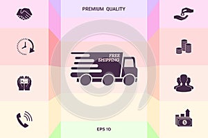 Express delivery icon. Delivery car with an inscription Free shipping.