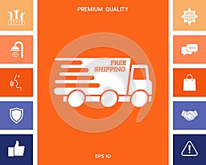 Express delivery icon. Delivery car with an inscription Free shipping.