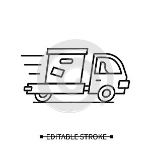 Express delivery icon. Fast moving delivery truck with order box. Vector illustration.