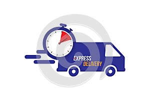 Express delivery icon. Fast shipping with truck timer with inscription on white background. Flat vector illustration EPS10