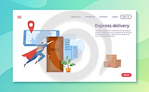 Express delivery internet web page landing, online site mail supply service, order postman loader template flat vector