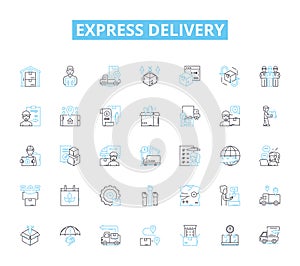 Express delivery linear icons set. Quick, Expedited, Swift, Rapid, Instant, Lightning, Blitz line vector and concept photo