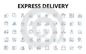 Express delivery linear icons set. Quick, Expedited, Swift, Rapid, Instant, Lightning, Blitz vector symbols and line