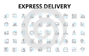 Express delivery linear icons set. Quick, Expedited, Swift, Rapid, Instant, Lightning, Blitz vector symbols and line photo