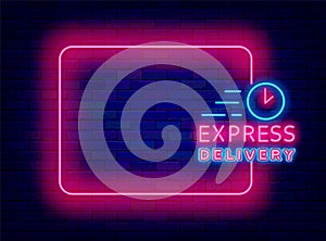 Express delivery neon announcement. Online ordering. Empty pink frame and clock with typography. Vector illustration