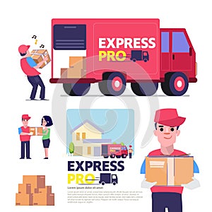 Express delivery service concept. delivery boy carry mail box from van.- vector illustration