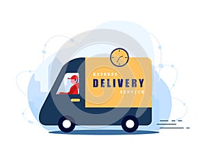 Express delivery service concept home and office. Fast courier on the car. Shipping restaurant food, mail and packages