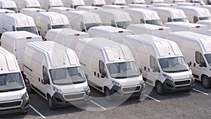 Express delivery service concept. Delivery vans and trucks in a row on parking