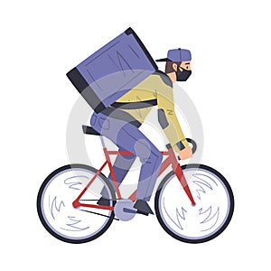 Express Delivery Service, Male Courier Delivering Pizza with Bicycle Cartoon Style Vector Illustration