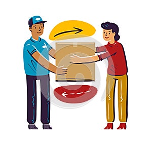 Express delivery service, parcel transportation concept. Courier gives customer cardboard box, woman receives mail. Flat