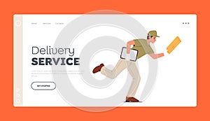 Express Delivery Service, Shipping Landing Page Template. Courier Male Character Wear Uniform Run with Pizza Box
