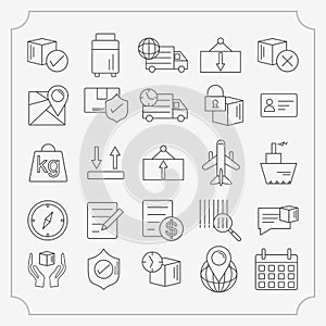 Express delivery service vector linear icons set. Global logistics and distribution thin line illustrations pack