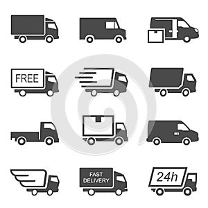 Express delivery trucks vector glyph icons set