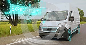 Express delivery using smart logistics. Express delivery. Express delivery of goods by white minibus. White minibus with