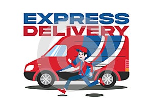 Express Delivery Van With Postman Running with Bag. Vector Design