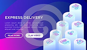 Express delivery web page template with thin isometric line icons: parcel, truck, out for delivery, searching of shipment, courier