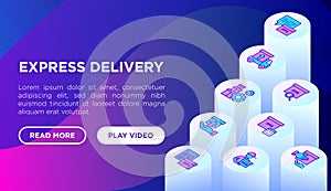 Express delivery web page template with thin isometric line icons: parcel, truck, out for delivery, searchong of shipment, courier